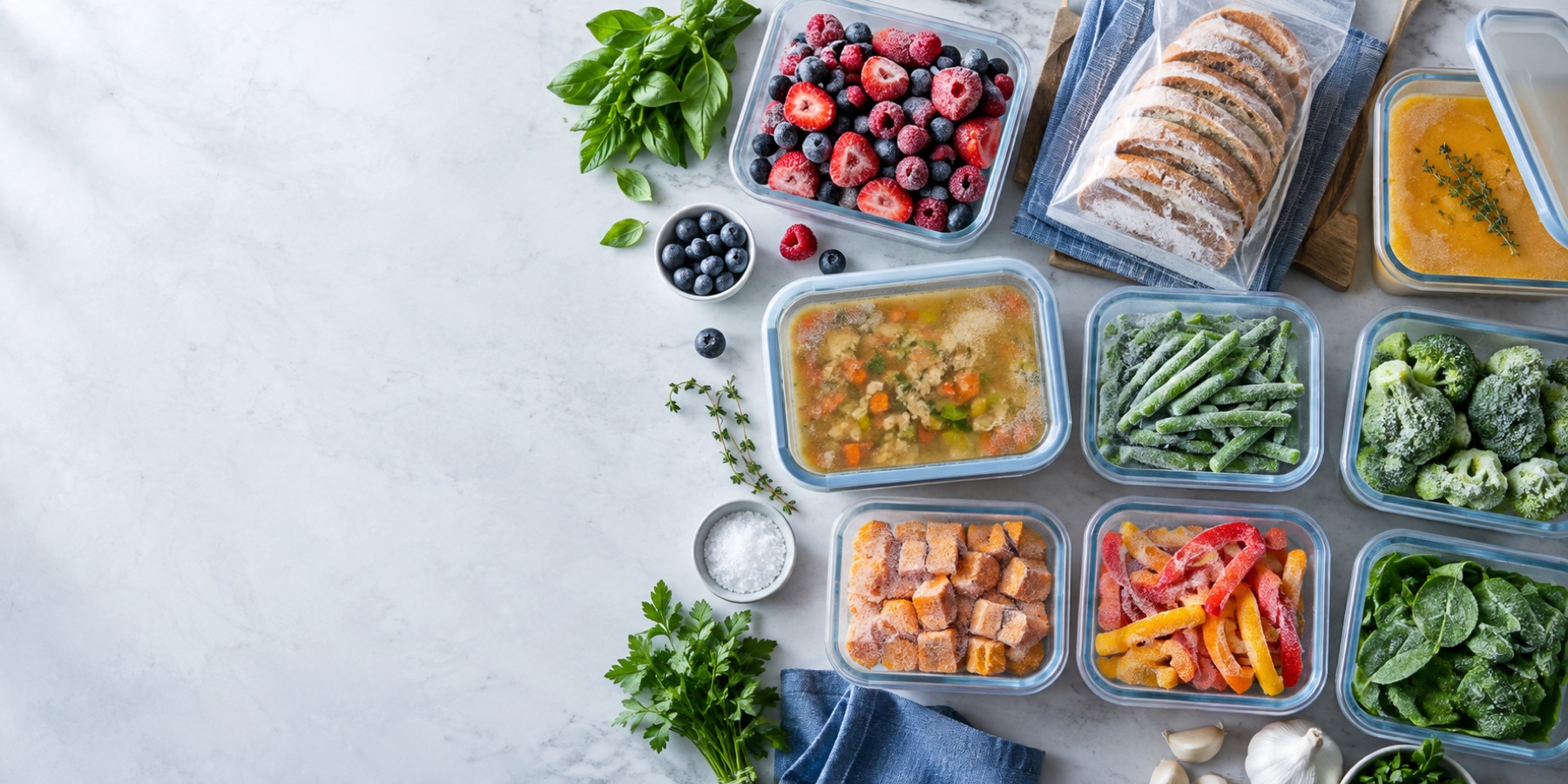 Organized freezer-ready berries, bread, soup, and vegetables in reusable containers